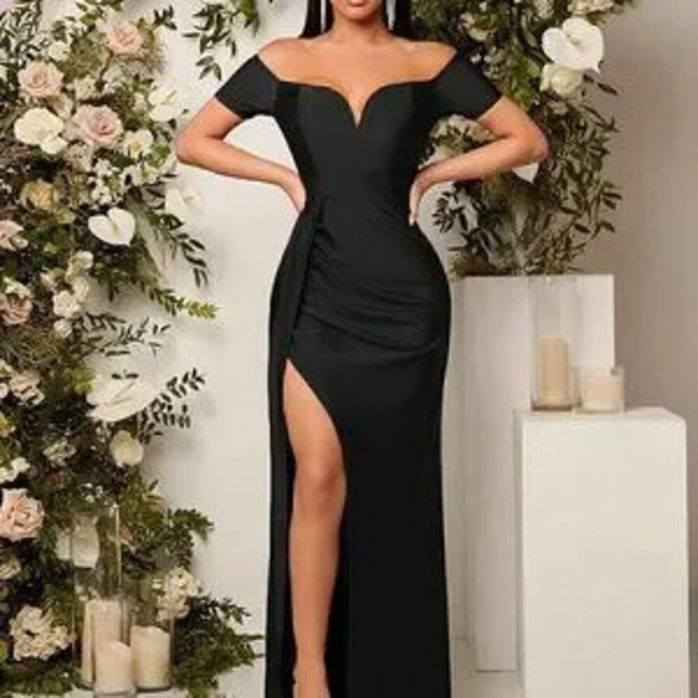 ZARA Black Preppy Womens Off Shoulder Ruched Split Thigh Dress